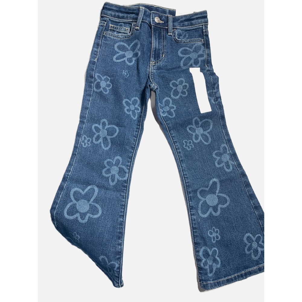 Jumping Beans Flare Jeans Girls 5 Blue Flower Print High Rise Retro Boho Denim